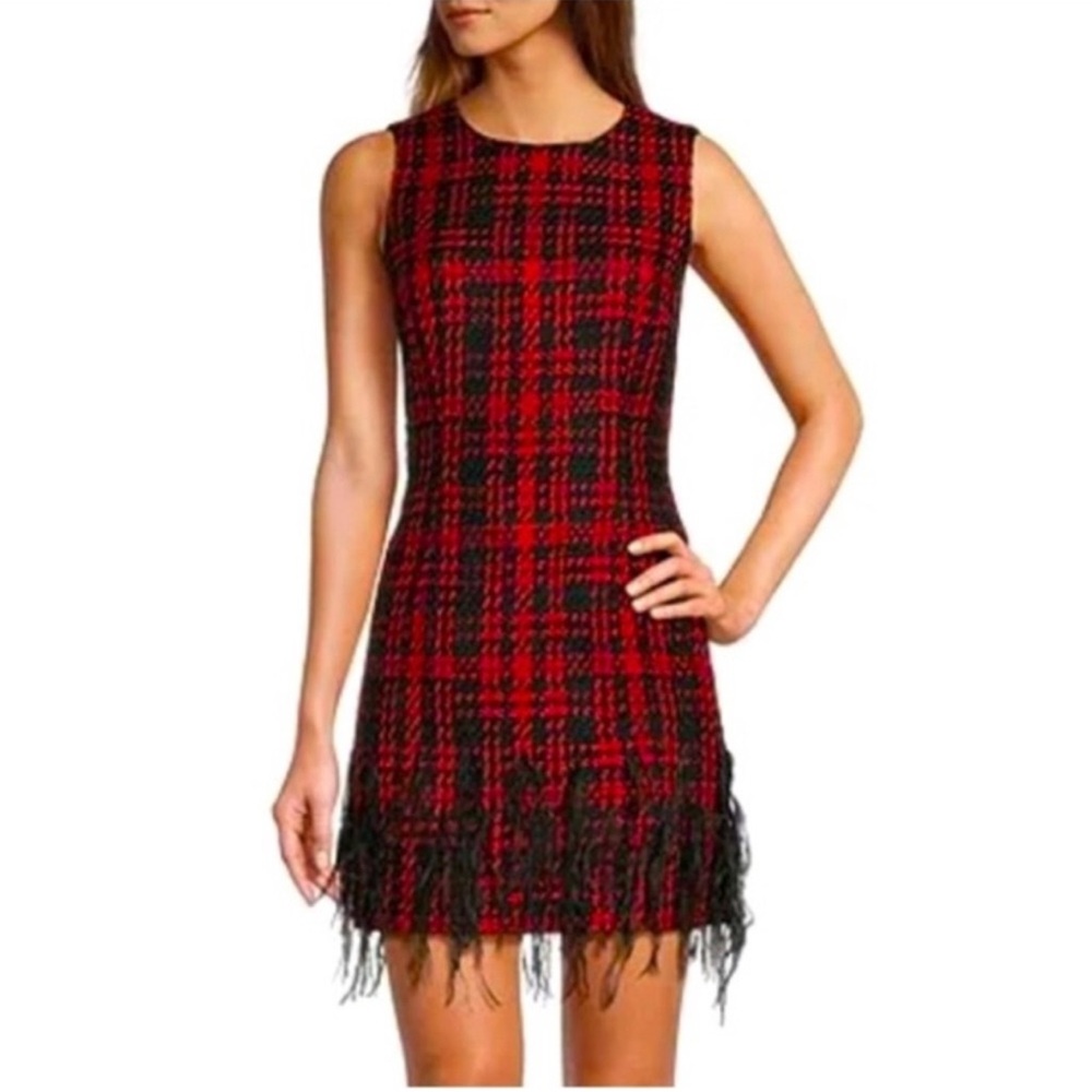ANTONIO MELANI Red and Black Plaid Fringe Mini Dress